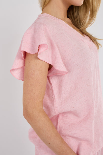 Fine Linen Mix Frill Sleeve V-Neck Top