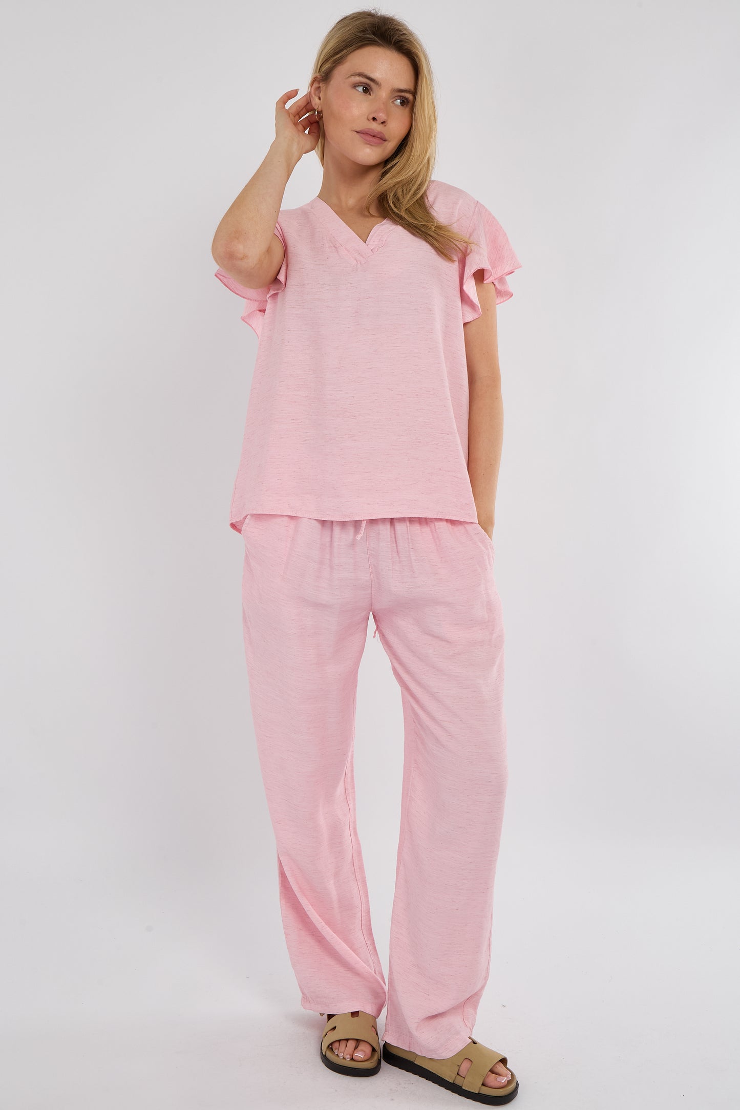Fine Linen Mix Frill Sleeve V-Neck Top