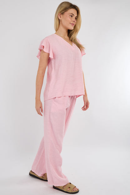 Fine Linen Mix Frill Sleeve V-Neck Top