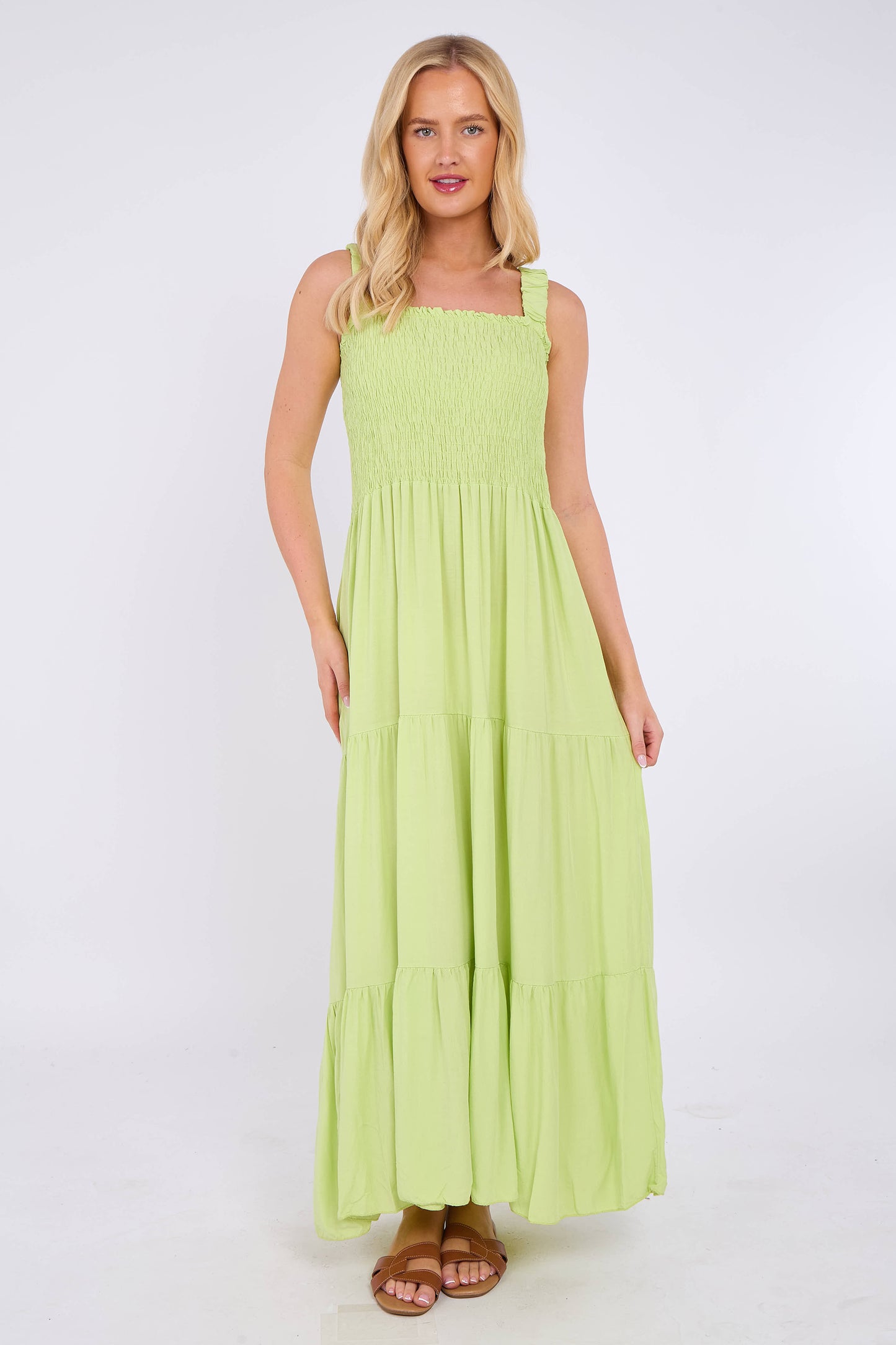 STRAP TIERED SHIRRED DRESS