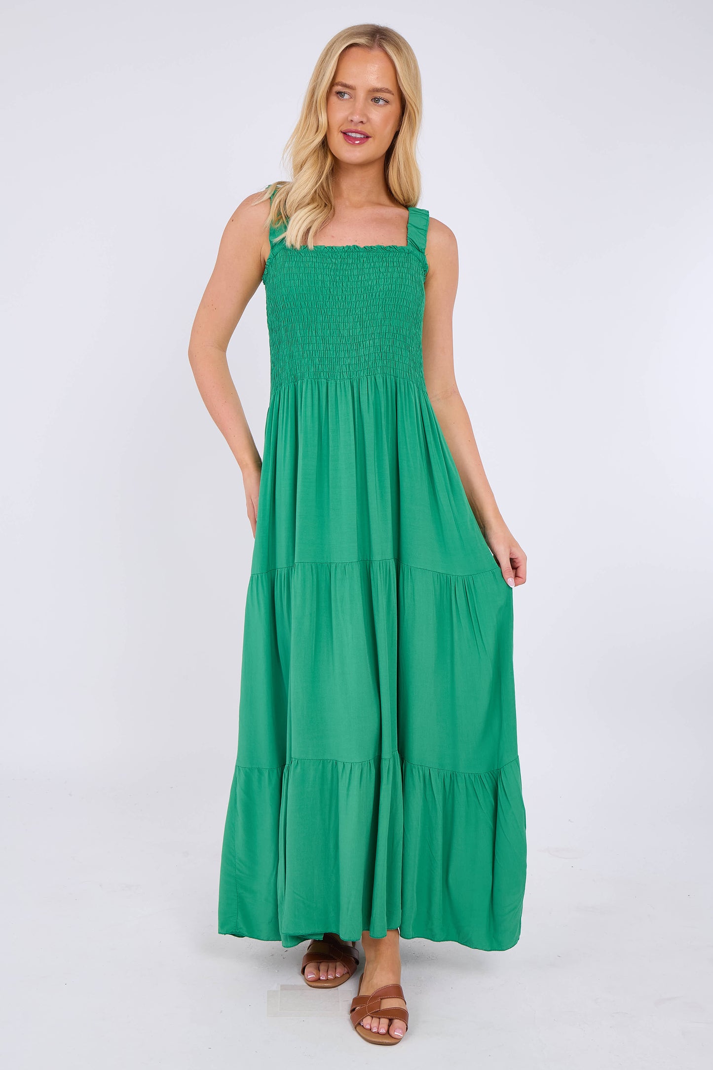 STRAP TIERED SHIRRED DRESS