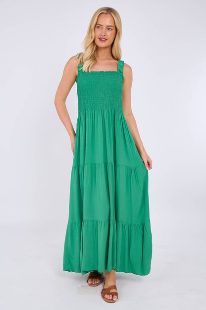 STRAP TIERED SHIRRED DRESS