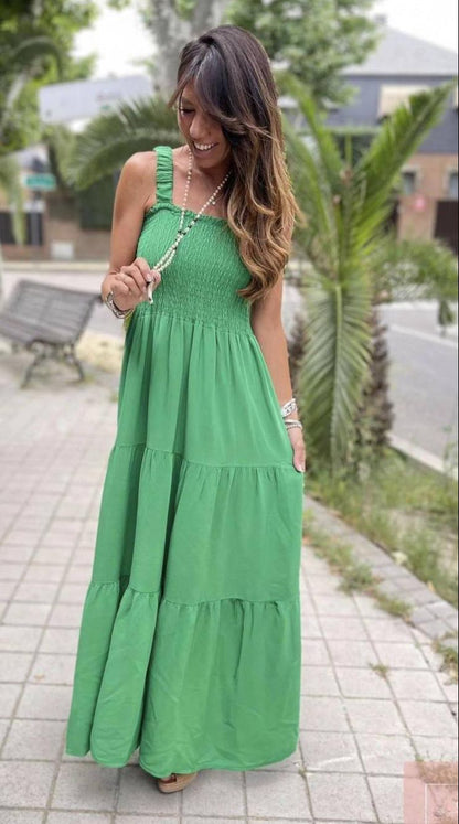 STRAP TIERED SHIRRED DRESS