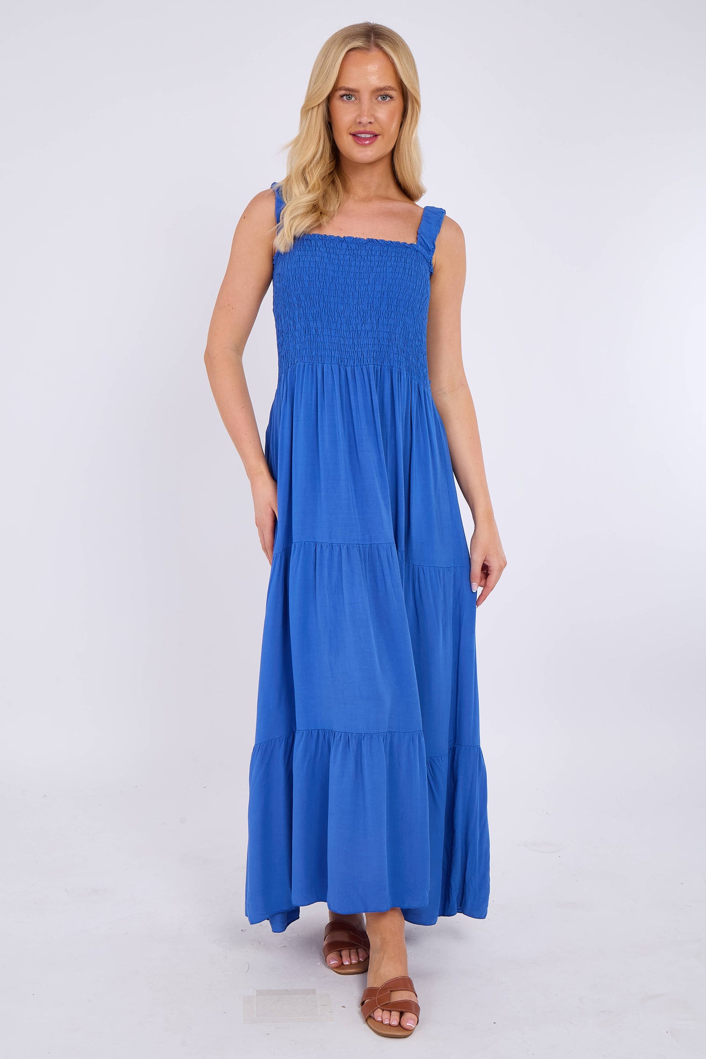 STRAP TIERED SHIRRED DRESS