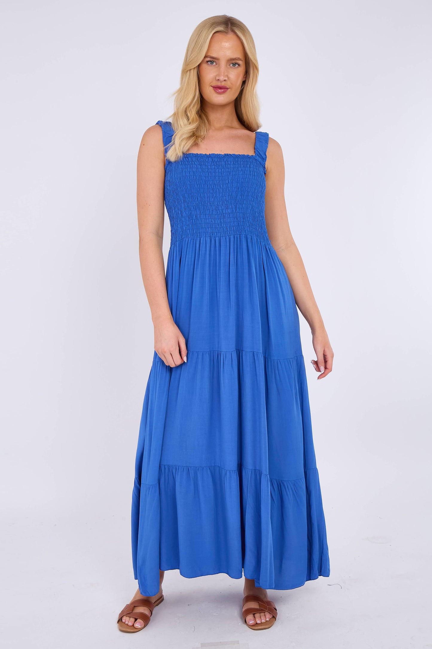 STRAP TIERED SHIRRED DRESS