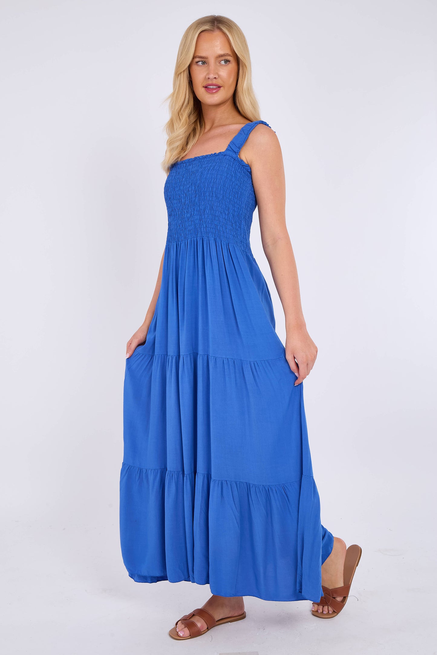 STRAP TIERED SHIRRED DRESS