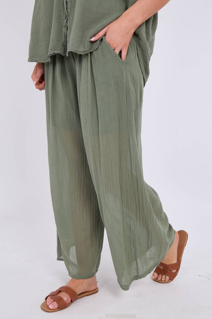 DRAWSTRING LINED SIDE POCKETS COTTON TROUSERS