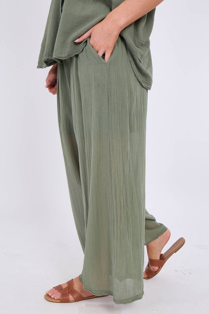 DRAWSTRING LINED SIDE POCKETS COTTON TROUSERS