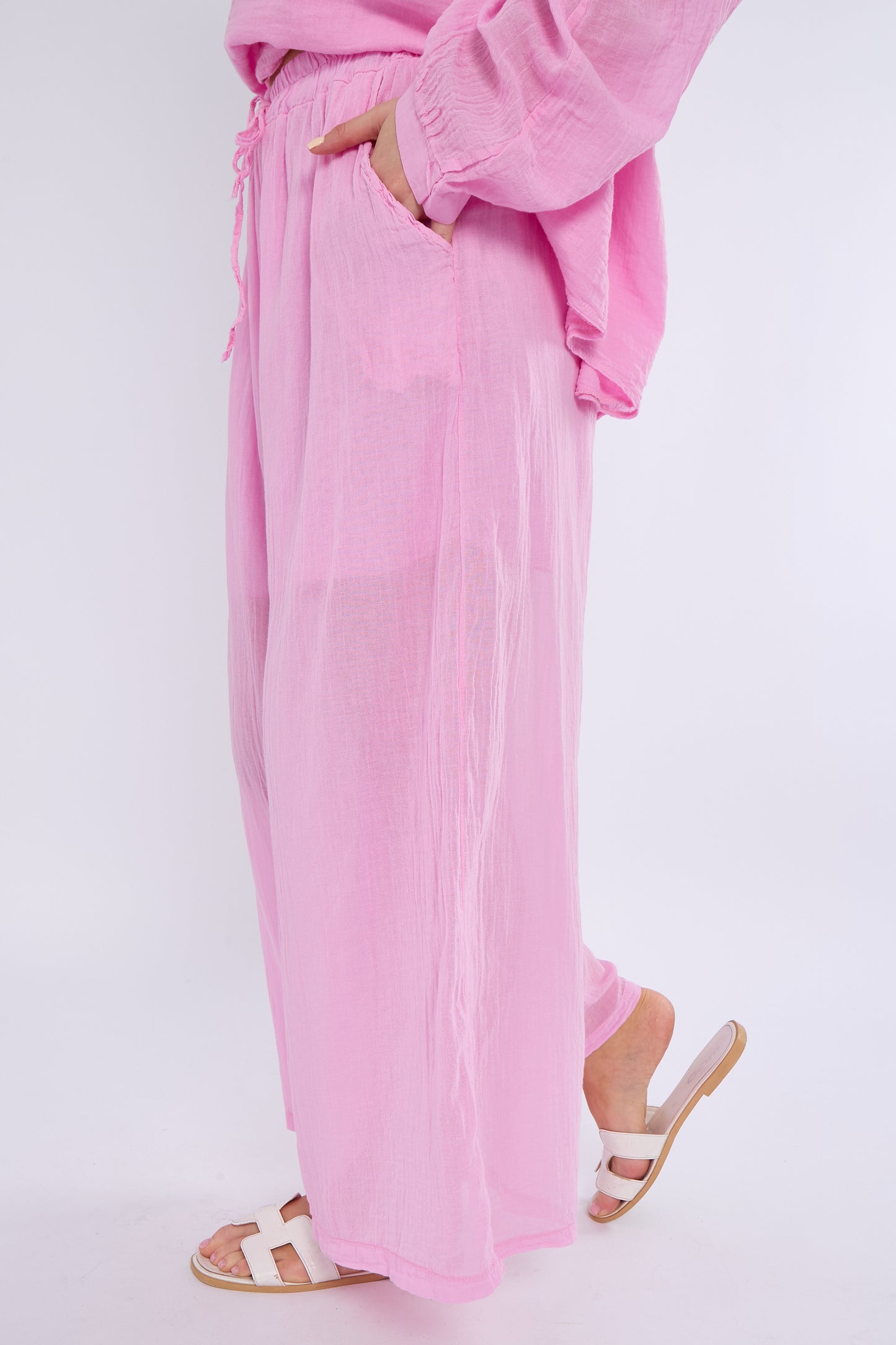 DRAWSTRING LINED SIDE POCKETS COTTON TROUSERS