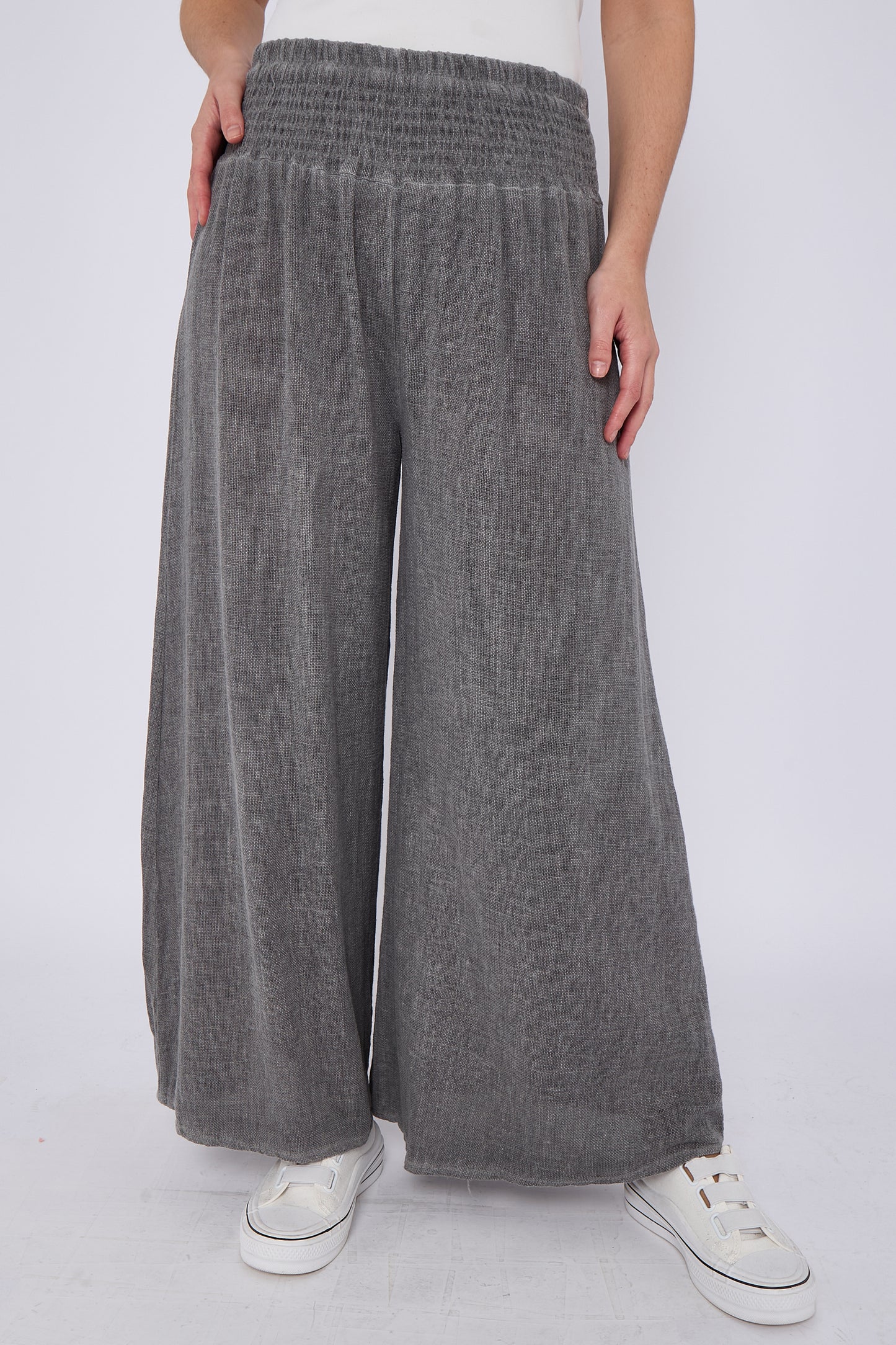 WASHED LINEN ELASTICATED WAIST WIDE LEG TROUSERS