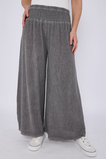 WASHED LINEN ELASTICATED WAIST WIDE LEG TROUSERS