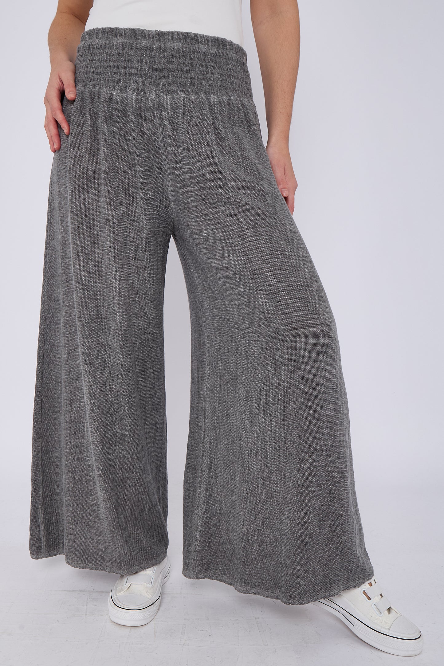 WASHED LINEN ELASTICATED WAIST WIDE LEG TROUSERS