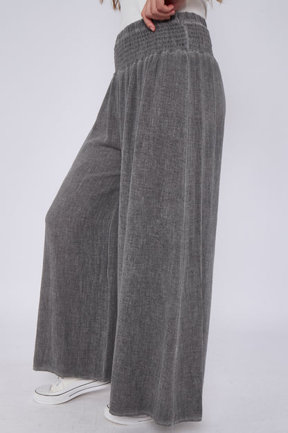 WASHED LINEN ELASTICATED WAIST WIDE LEG TROUSERS
