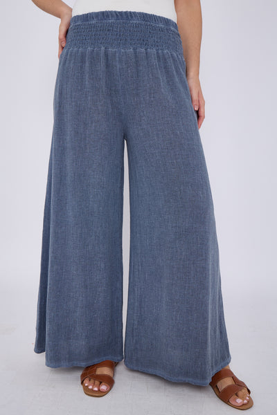 WASHED LINEN ELASTICATED WAIST WIDE LEG TROUSERS