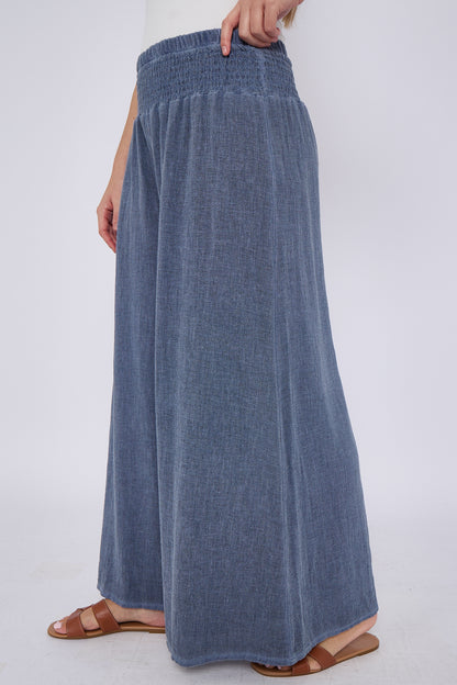 WASHED LINEN ELASTICATED WAIST WIDE LEG TROUSERS