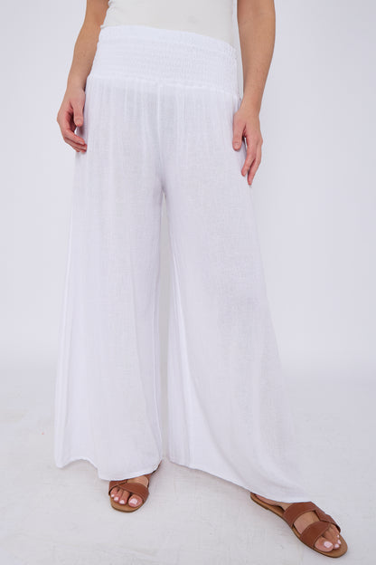 WASHED LINEN ELASTICATED WAIST WIDE LEG TROUSERS