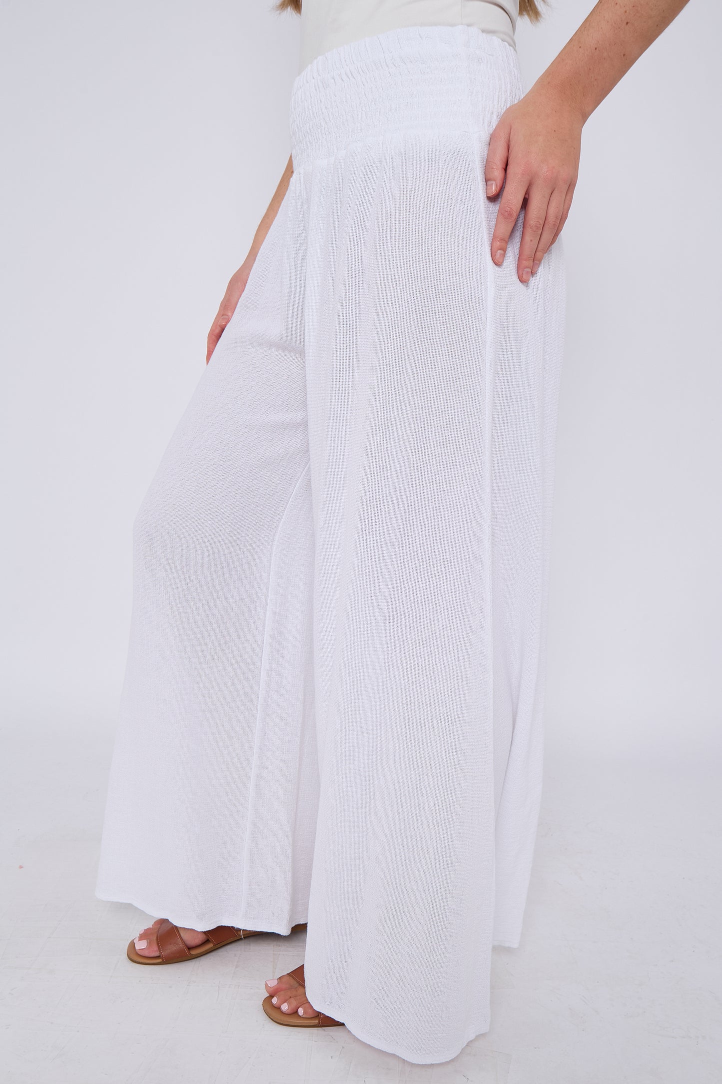WASHED LINEN ELASTICATED WAIST WIDE LEG TROUSERS