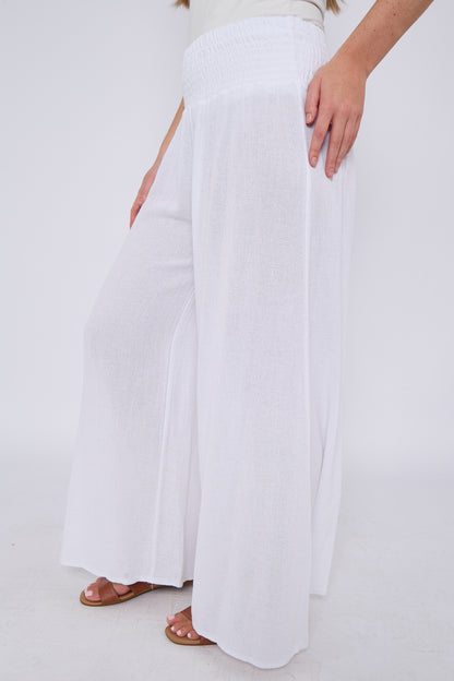 WASHED LINEN ELASTICATED WAIST WIDE LEG TROUSERS
