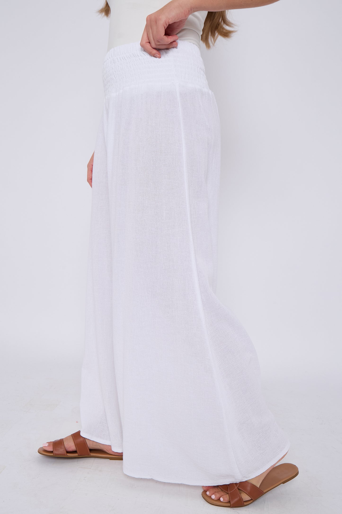 WASHED LINEN ELASTICATED WAIST WIDE LEG TROUSERS