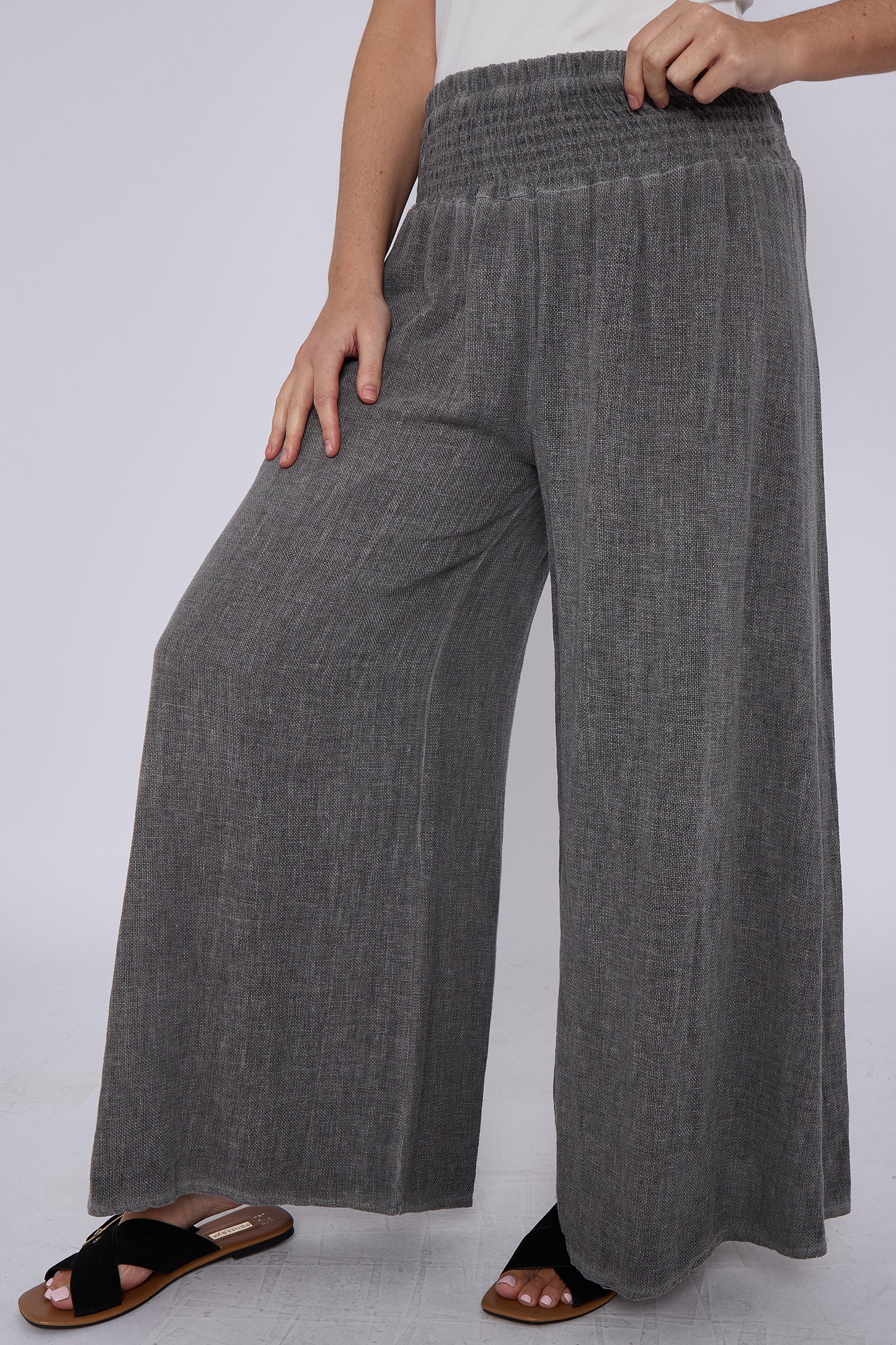 WASHED LINEN ELASTICATED WAIST WIDE LEG TROUSERS