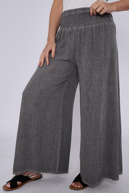 WASHED LINEN ELASTICATED WAIST WIDE LEG TROUSERS