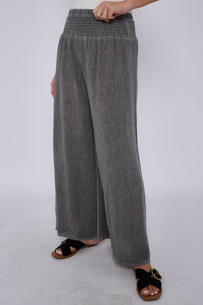 WASHED LINEN ELASTICATED WAIST WIDE LEG TROUSERS