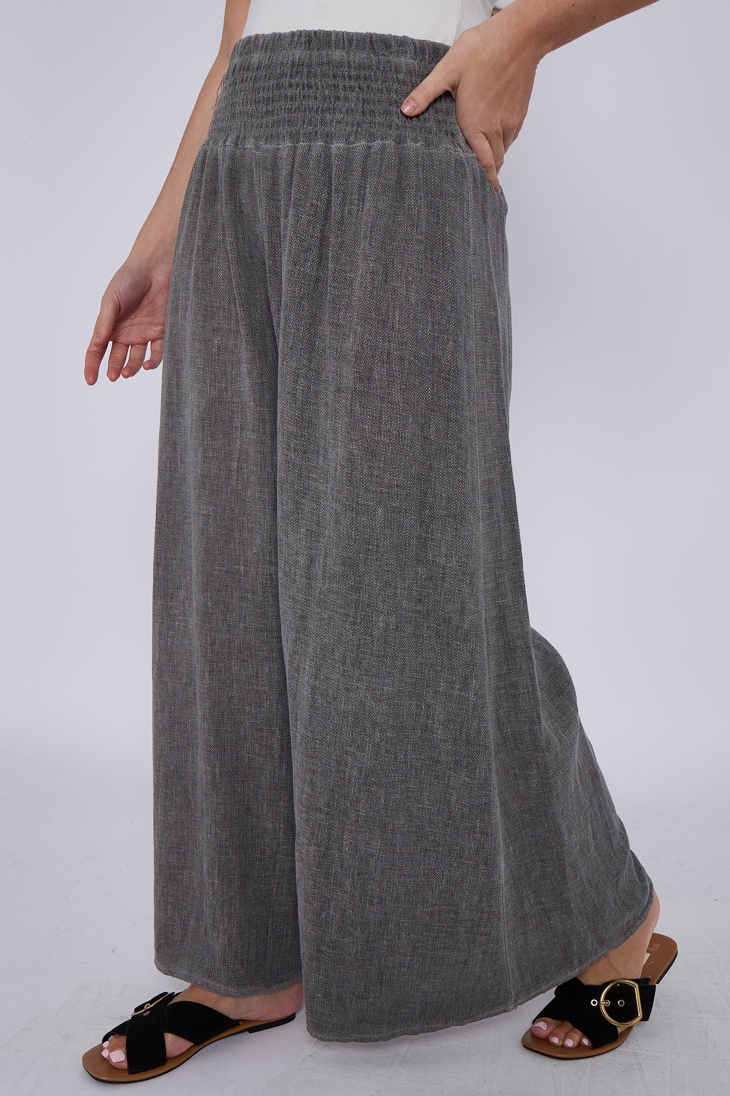 WASHED LINEN ELASTICATED WAIST WIDE LEG TROUSERS