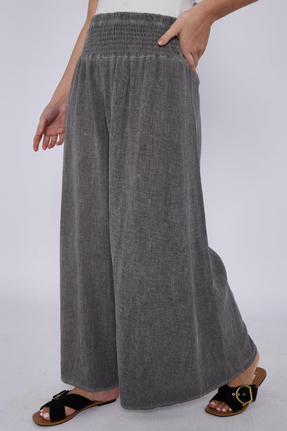 WASHED LINEN ELASTICATED WAIST WIDE LEG TROUSERS