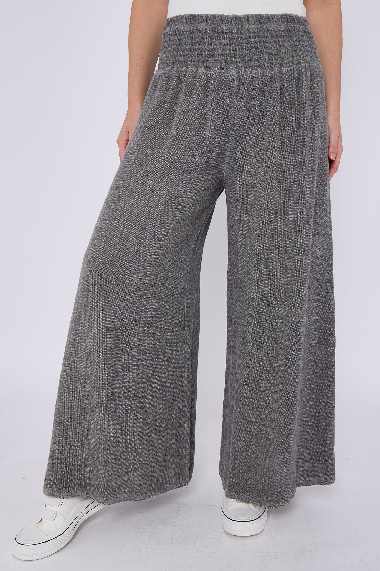 WASHED LINEN ELASTICATED WAIST WIDE LEG TROUSERS