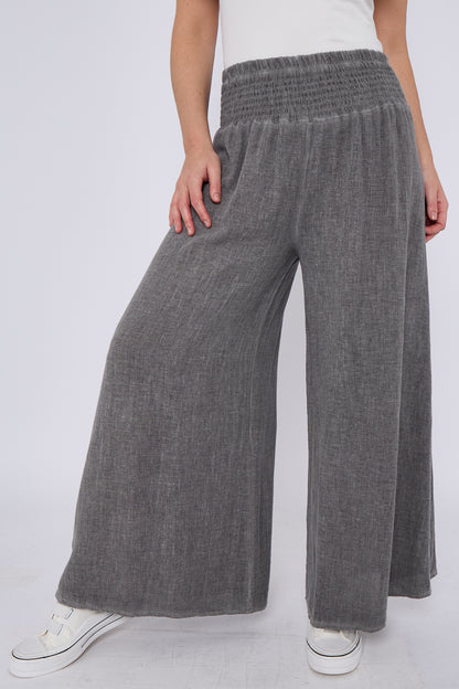 WASHED LINEN ELASTICATED WAIST WIDE LEG TROUSERS