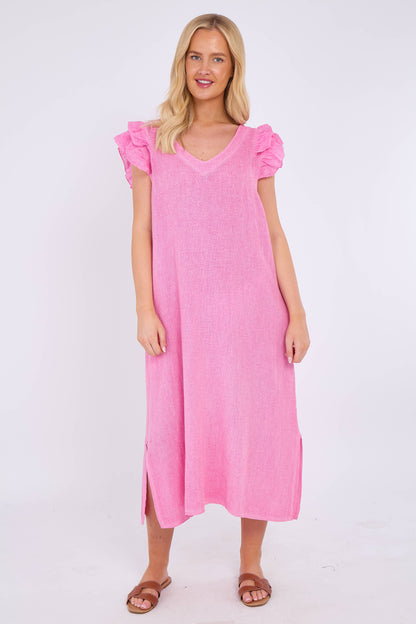 WASHED LINEN FRILL DRESS