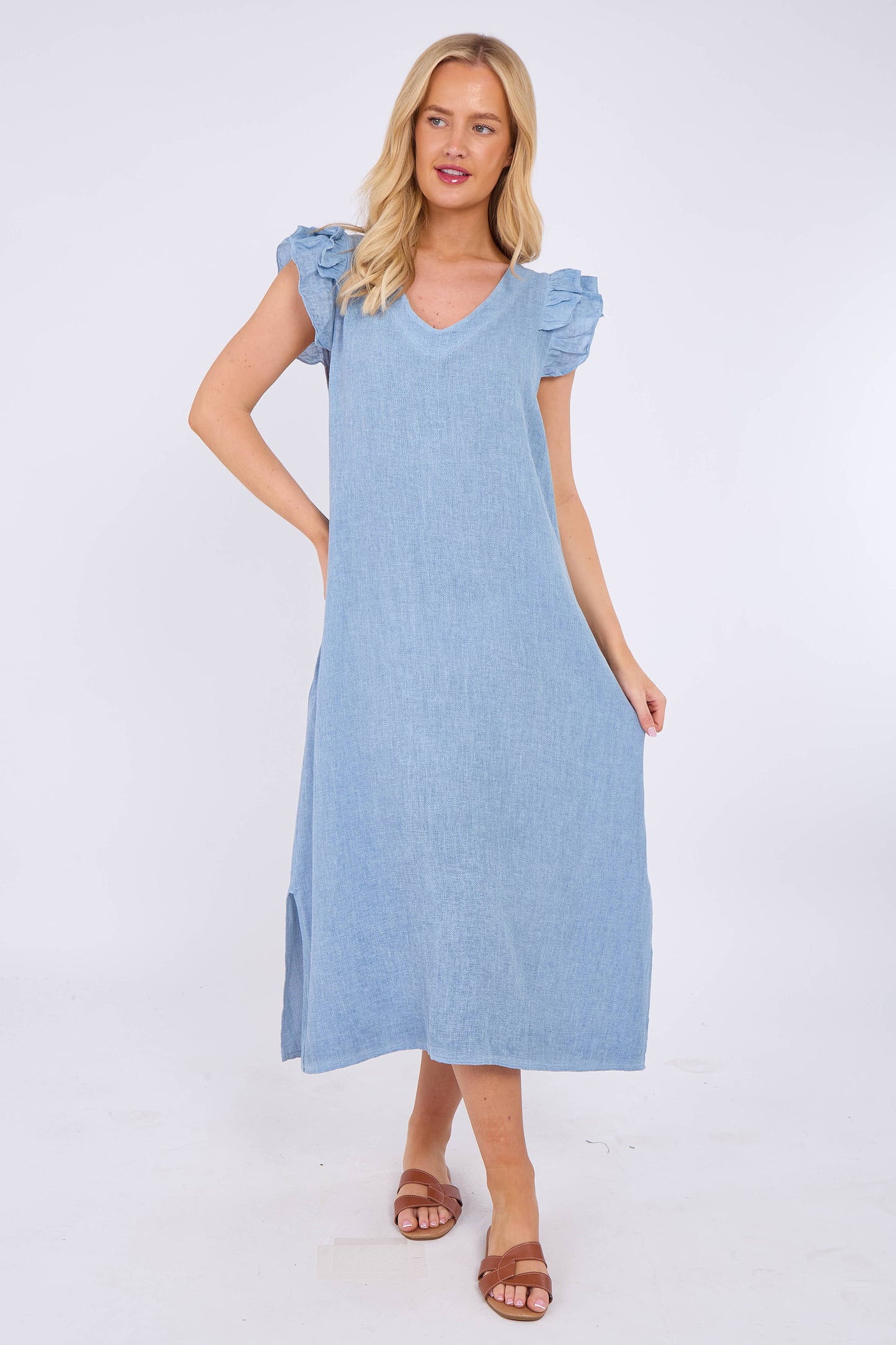 WASHED LINEN FRILL DRESS