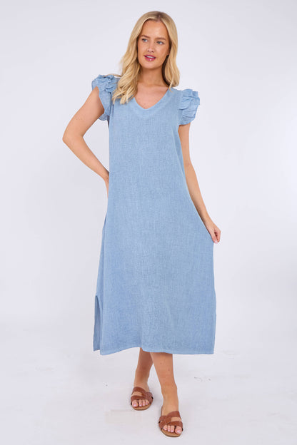 WASHED LINEN FRILL DRESS