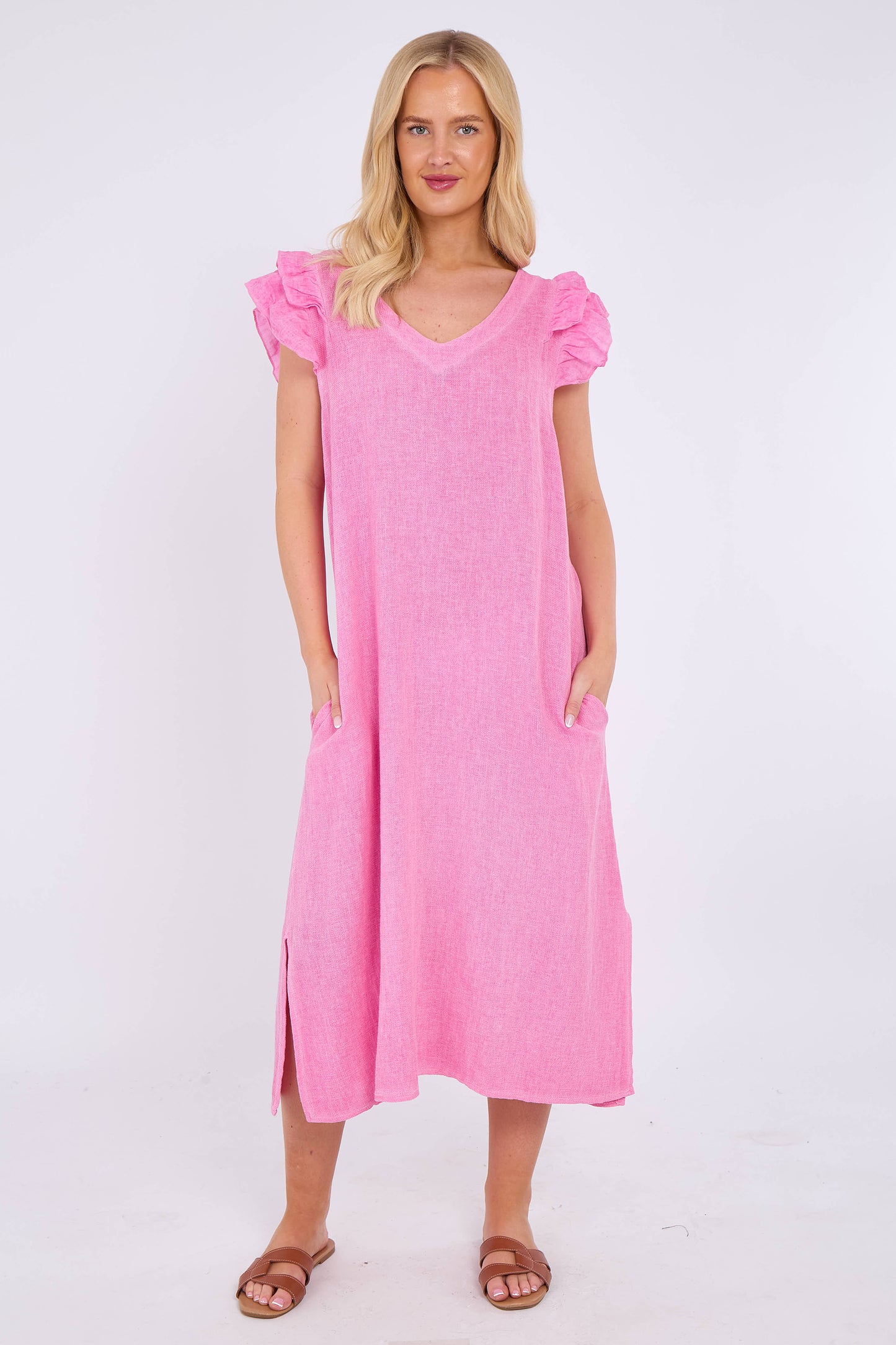 WASHED LINEN FRILL DRESS
