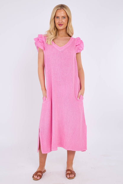 WASHED LINEN FRILL DRESS