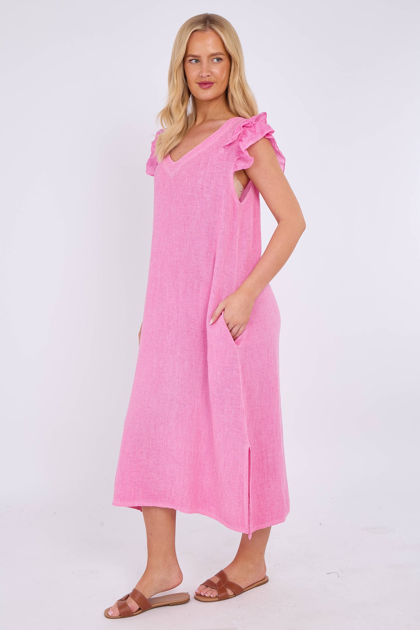 WASHED LINEN FRILL DRESS