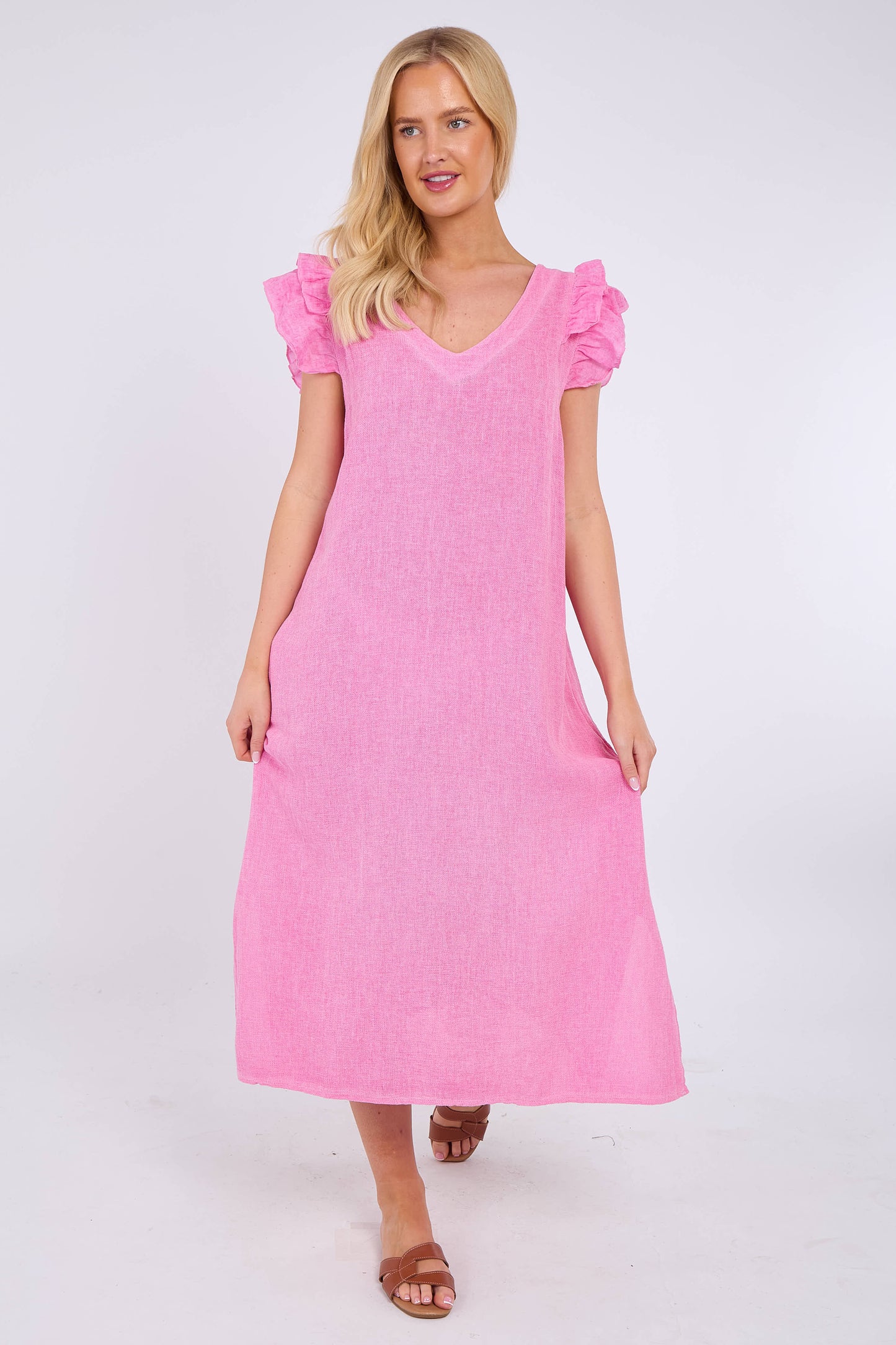 WASHED LINEN FRILL DRESS