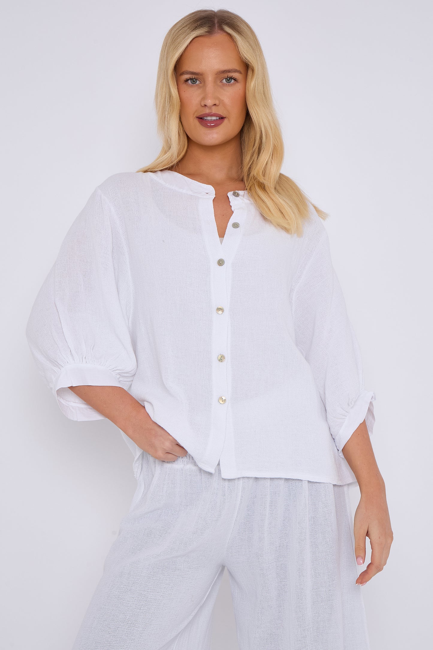 WASHED LINEN GRANDDAD COLLARED TOP