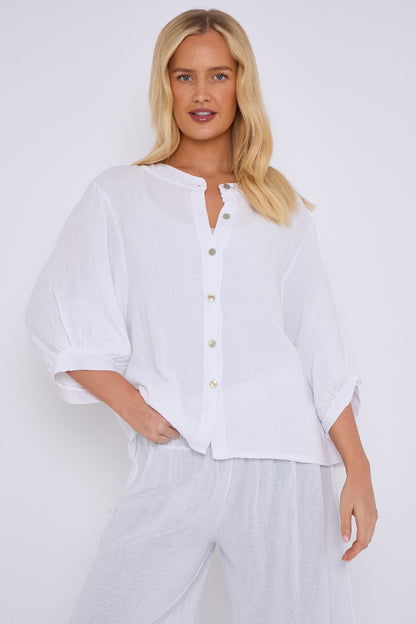 WASHED LINEN GRANDDAD COLLARED TOP