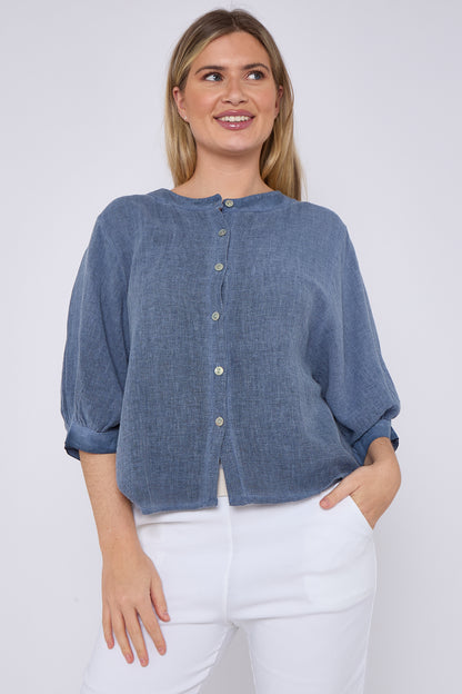 WASHED LINEN GRANDDAD COLLARED TOP