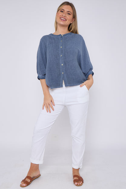 WASHED LINEN GRANDDAD COLLARED TOP