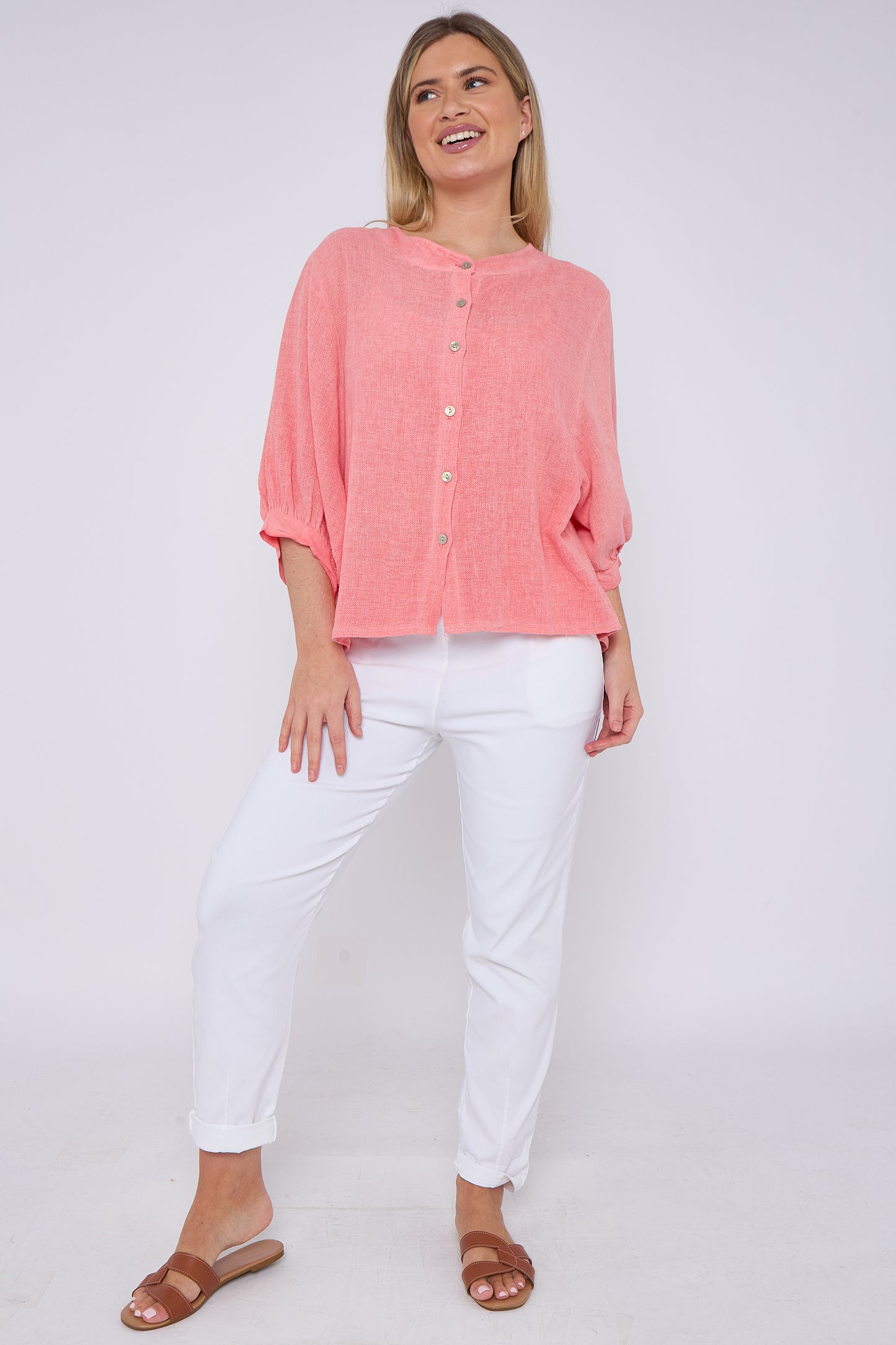 WASHED LINEN GRANDDAD COLLARED TOP