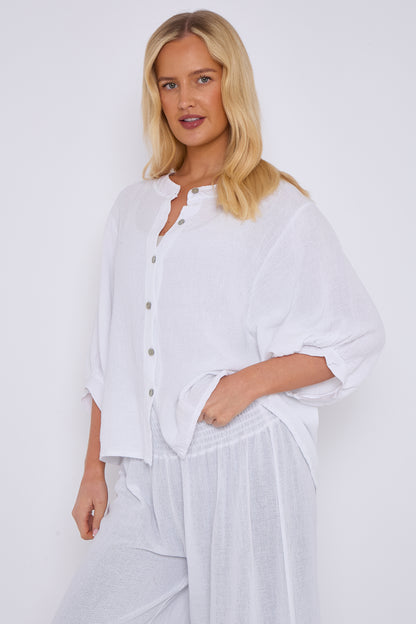 WASHED LINEN GRANDDAD COLLARED TOP