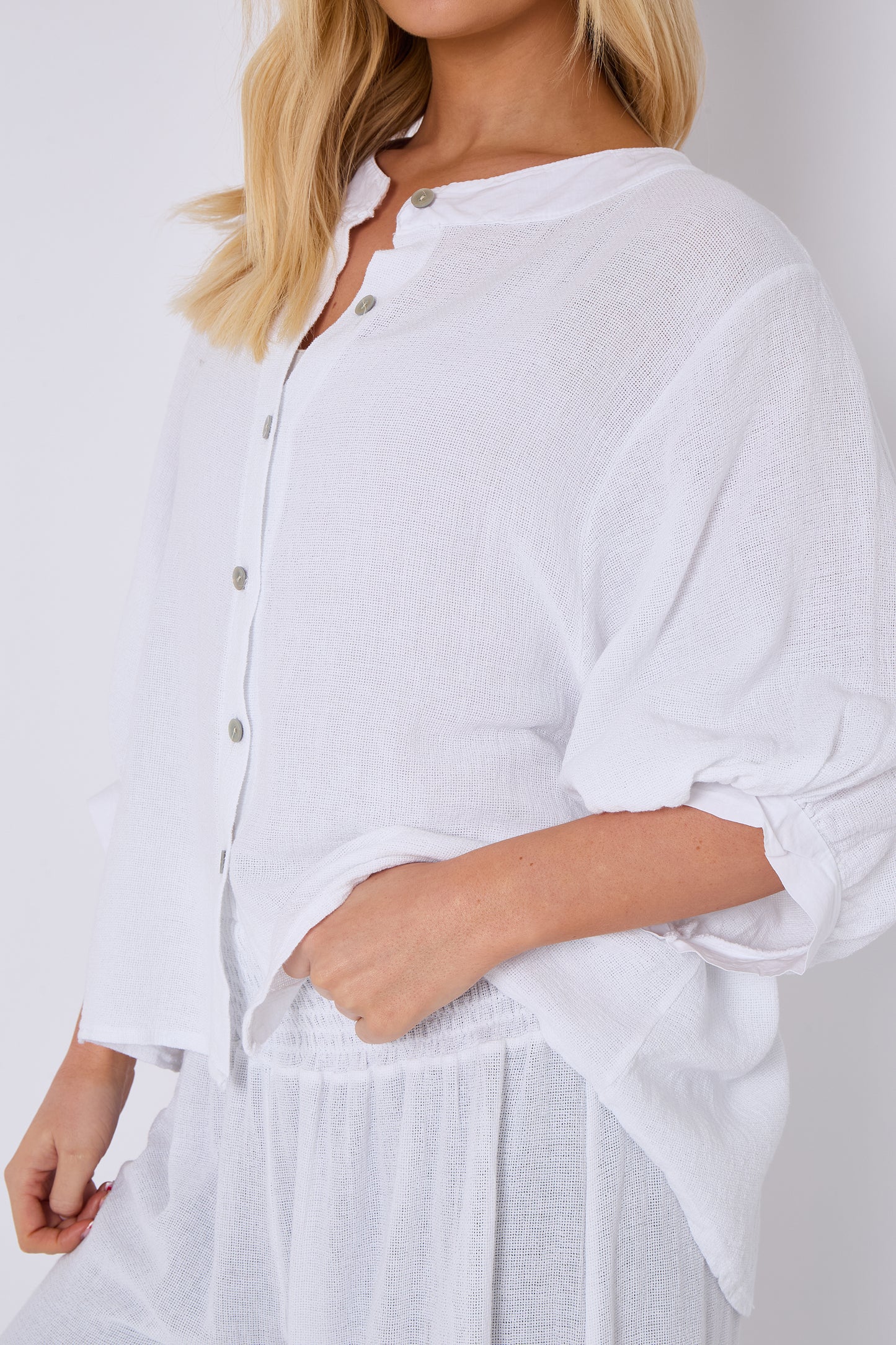 WASHED LINEN GRANDDAD COLLARED TOP