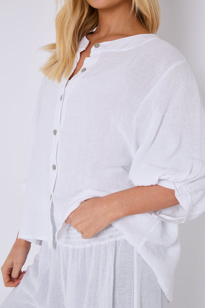 WASHED LINEN GRANDDAD COLLARED TOP