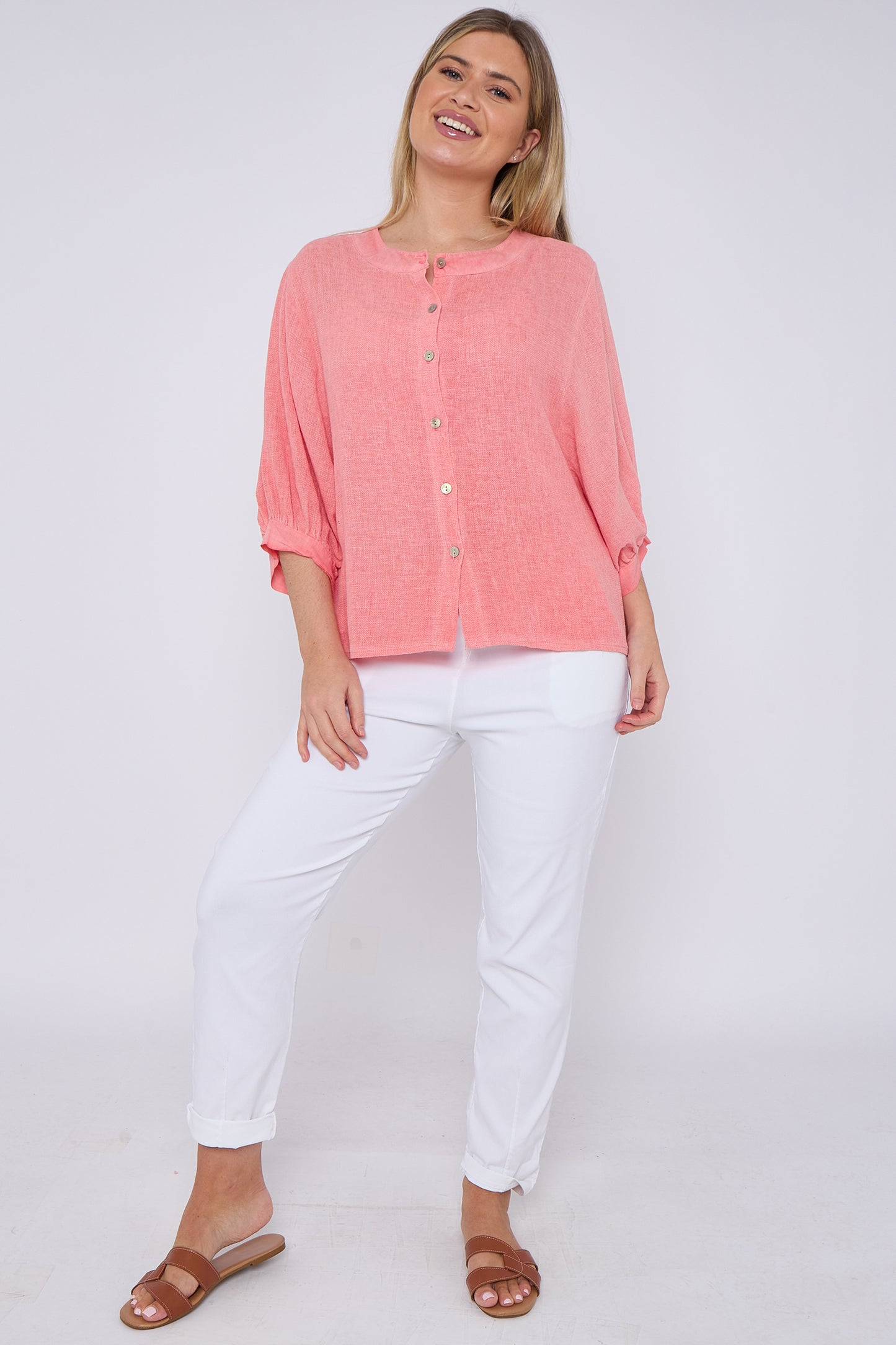 WASHED LINEN GRANDDAD COLLARED TOP
