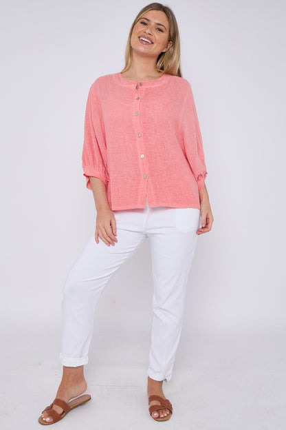 WASHED LINEN GRANDDAD COLLARED TOP