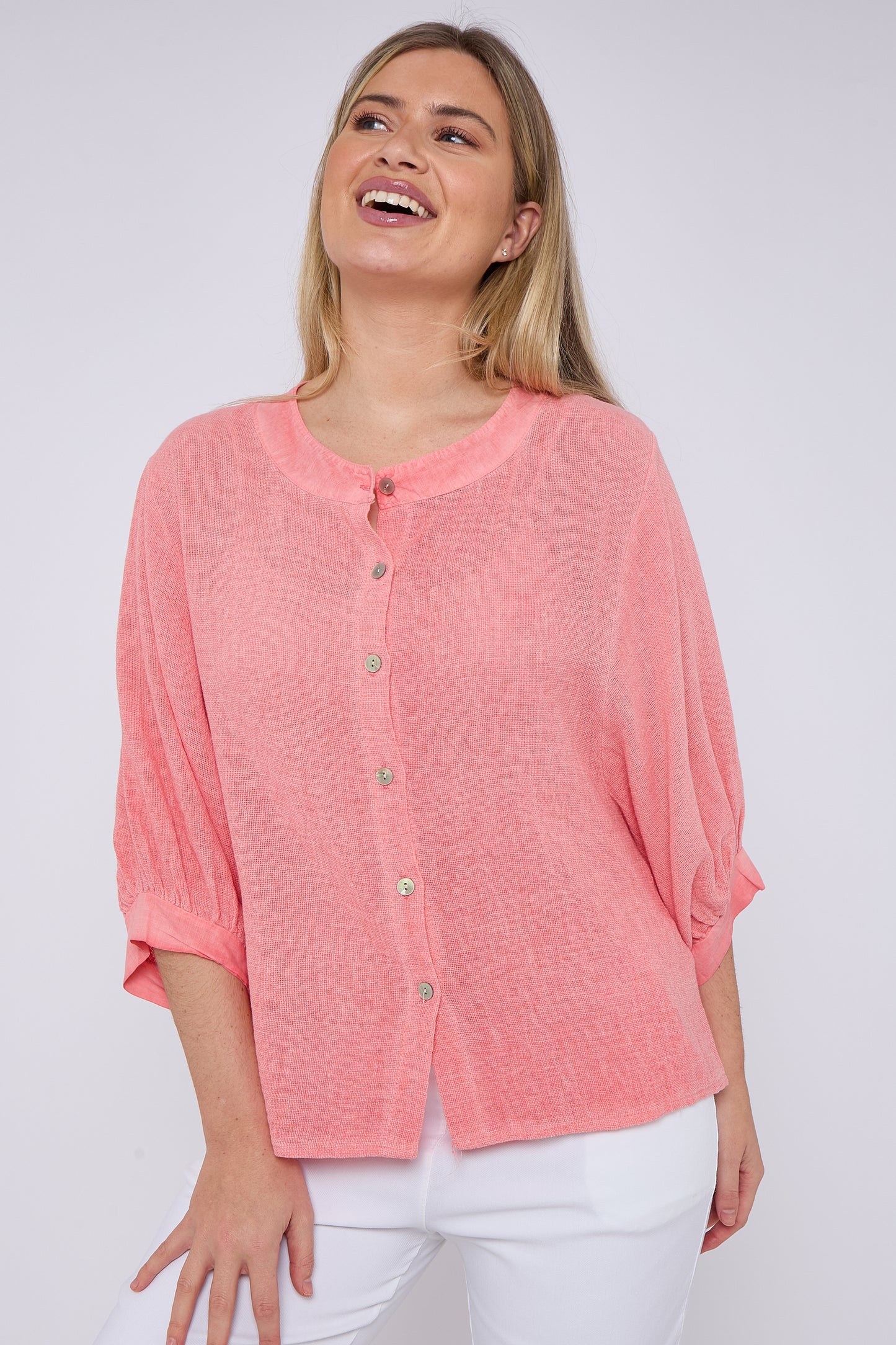 WASHED LINEN GRANDDAD COLLARED TOP