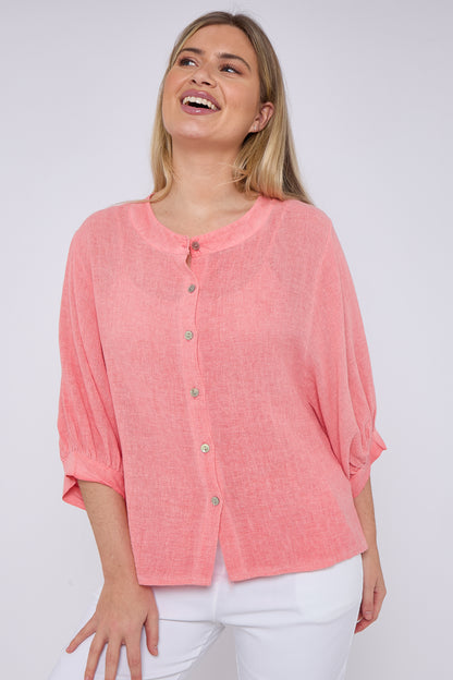 WASHED LINEN GRANDDAD COLLARED TOP