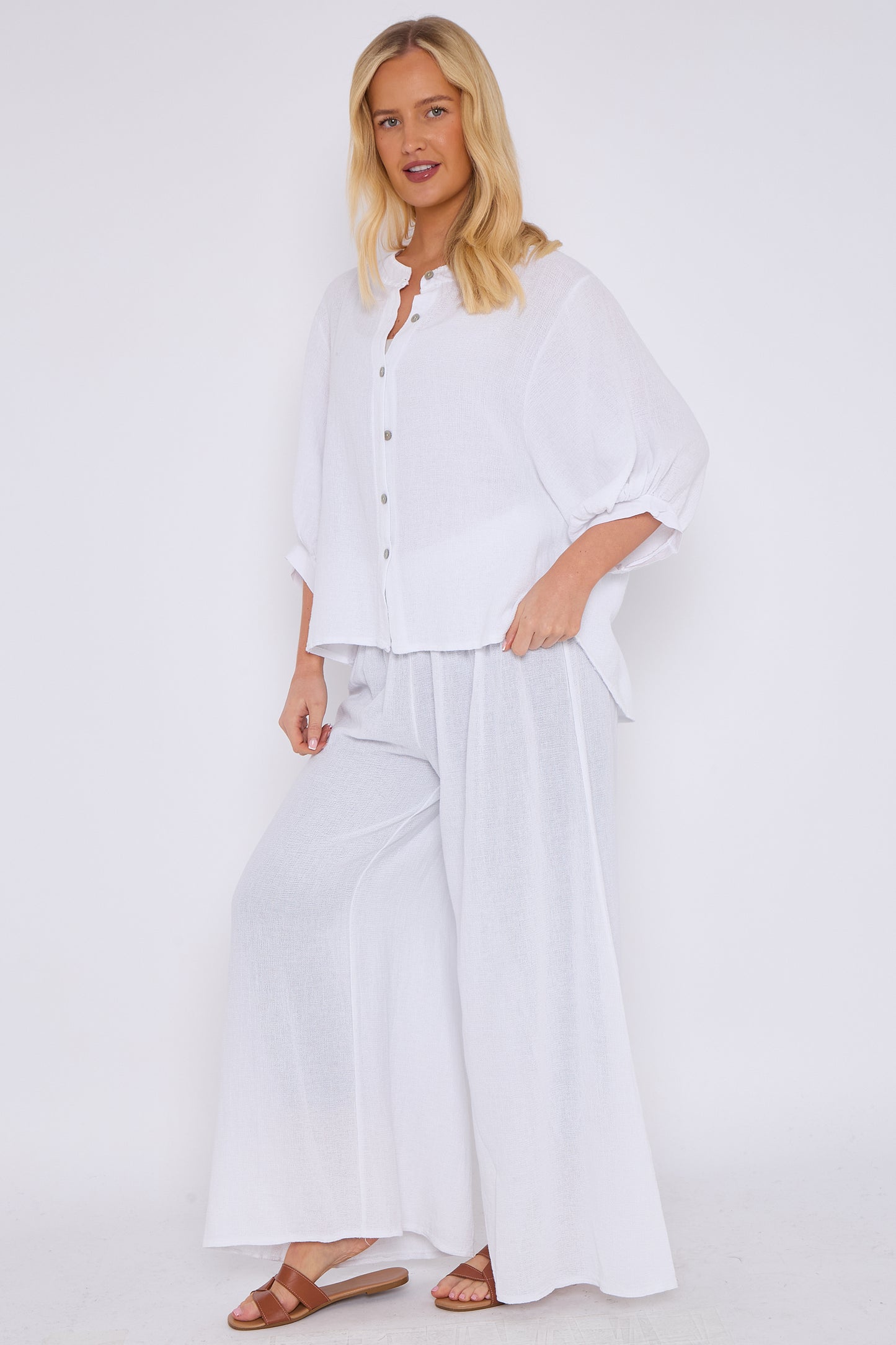 WASHED LINEN GRANDDAD COLLARED TOP